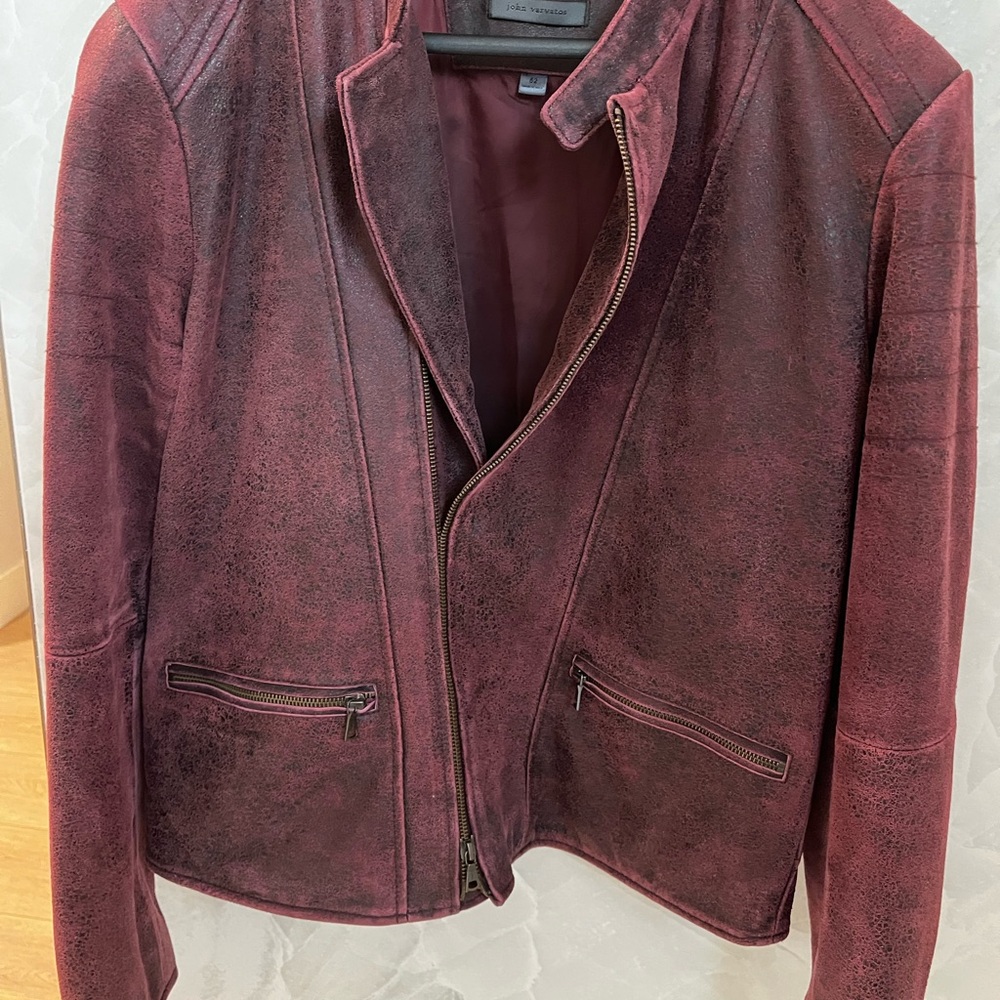 John Varvatos Red Leather Jacket Asymmetrical Zipper Fitted Silhouette